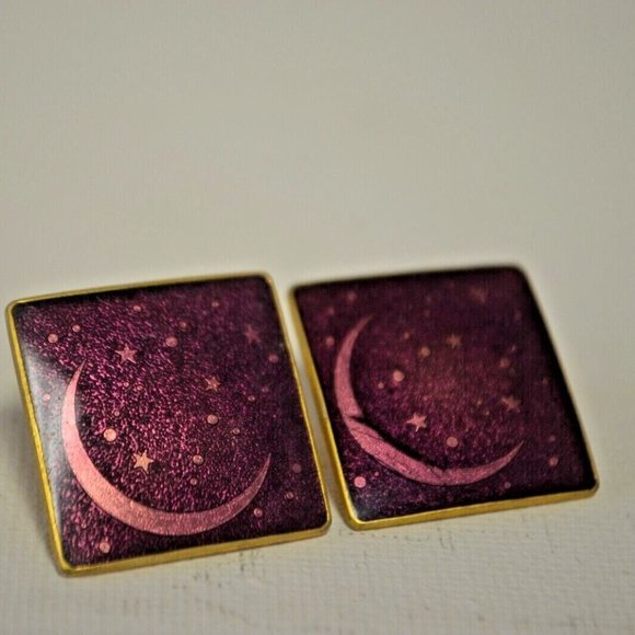 ISLE OF SKYE ENAMEL EARRINGS, CRESCENT MOON & STARS PURPLE VINTAGE! - Picture 1 of 4